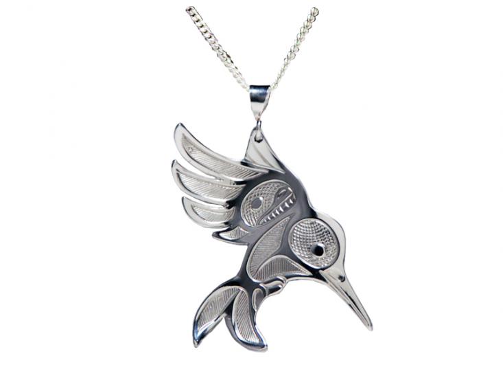 Silver Pewter Necklace - Hummingbird in Flight